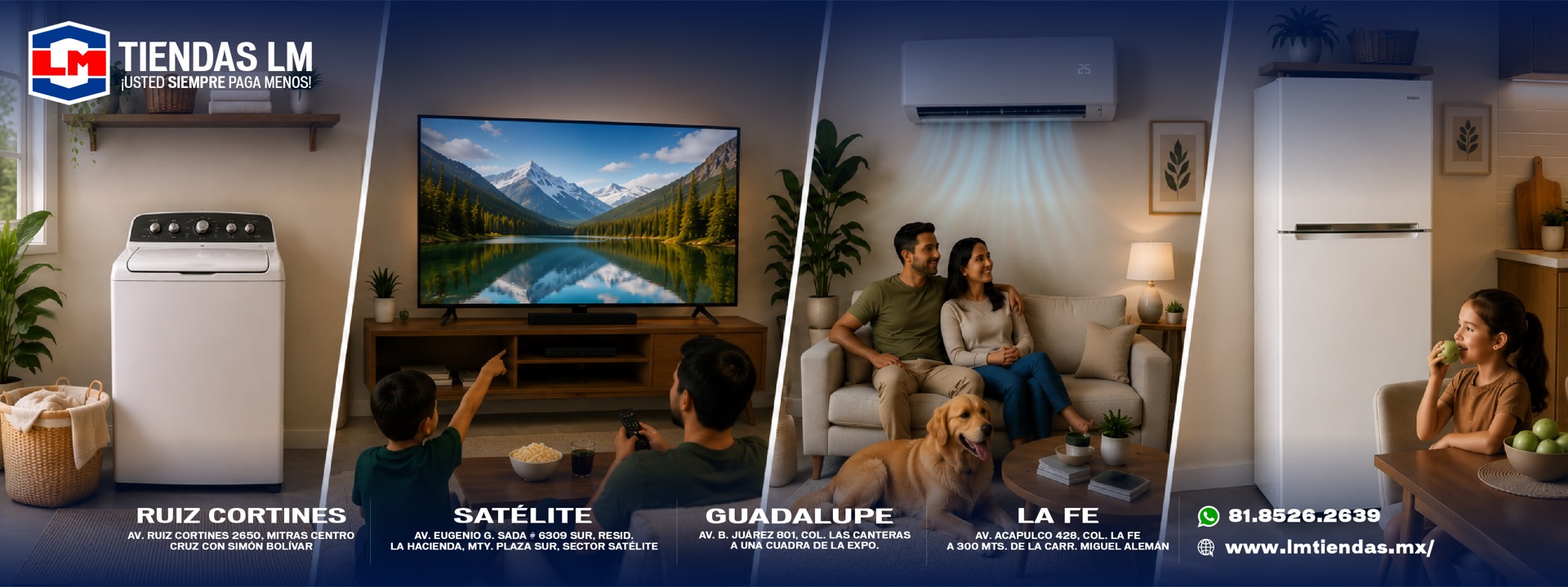 Electrodomésticos y muebles en Tiendas LM — sucursales Ruiz Cortines, Satélite, Guadalupe y La Fe en Monterrey